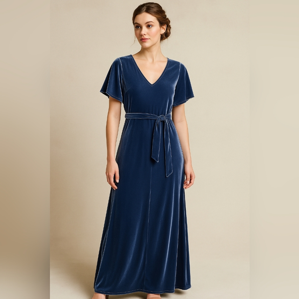 Revelry Reese Velvet Maxi Dress Size Small Indie Blue V-Neck Flutter Sleeve